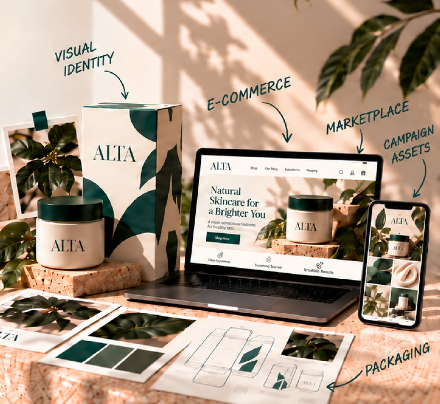ALTA skincare brand shown across packaging, a Shopify store on laptop and phone, and brand identity sheets