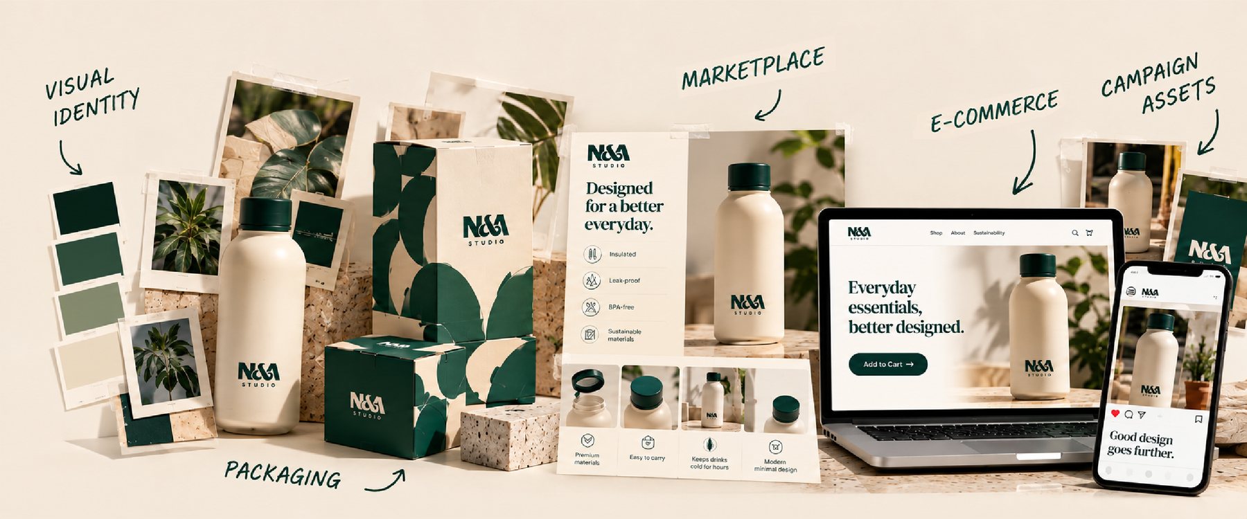 One N&A bottle carried through identity swatches, packaging, a product page, a web store and mobile