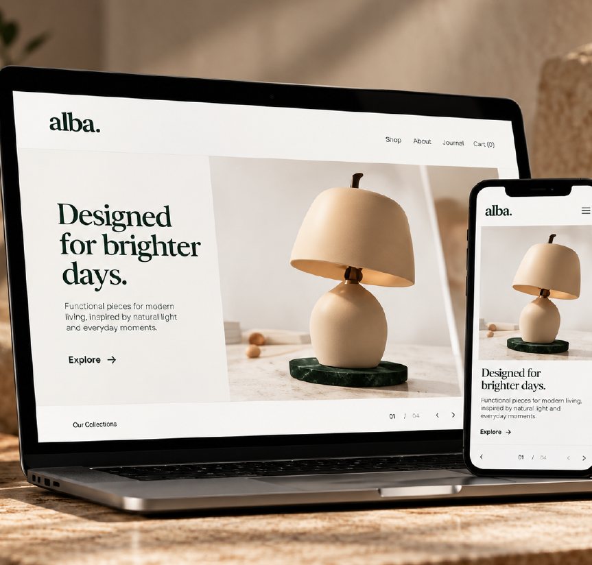 Alba lamp store on laptop and phone